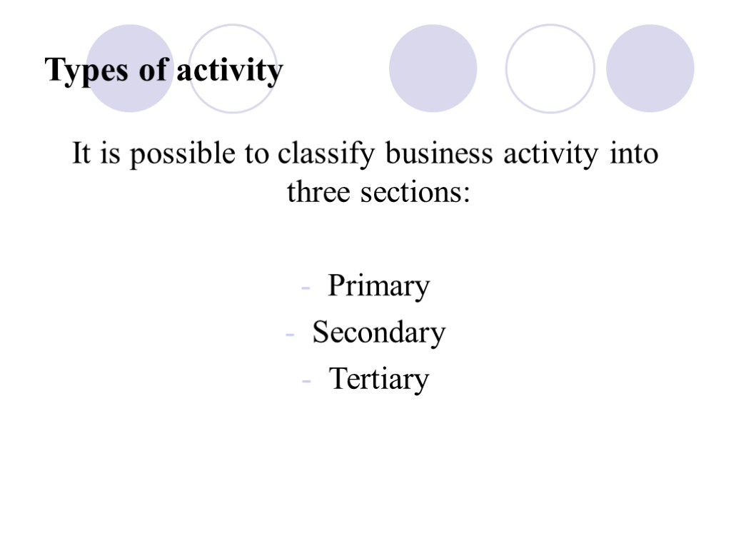 Types of activity It is possible to classify business activity into three sections: Primary